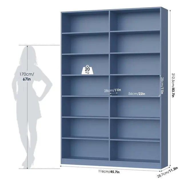 Alt view image 3 of 6 - 83.7" Tall Bookshelf and Bookcase, 7-Tier Extra Large Bookshelf with Double Storage, 14 Open Display Shelves for Home Office, Study and Living Room, Blue