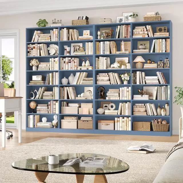 Alt view image 4 of 6 - 83.7" Tall Bookshelf and Bookcase, 7-Tier Extra Large Bookshelf with Double Storage, 14 Open Display Shelves for Home Office, Study and Living Room, Blue