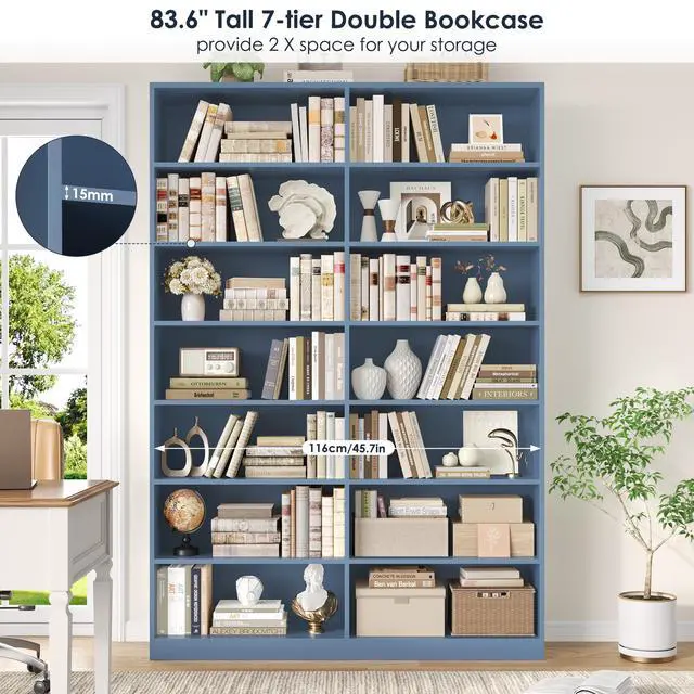 Alt view image 5 of 6 - 83.7" Tall Bookshelf and Bookcase, 7-Tier Extra Large Bookshelf with Double Storage, 14 Open Display Shelves for Home Office, Study and Living Room, Blue