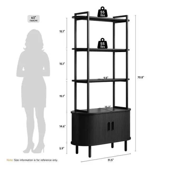 Alt view image 2 of 6 - 71" Tall Bookshelf, 4-Tier Book Shelf with Storage Cabinet, Modern Bookcase with Sliding Door and Adjustable Footpad, Freestanding Storage Organizer Bookshelf for Living Room, Bedroom, Black