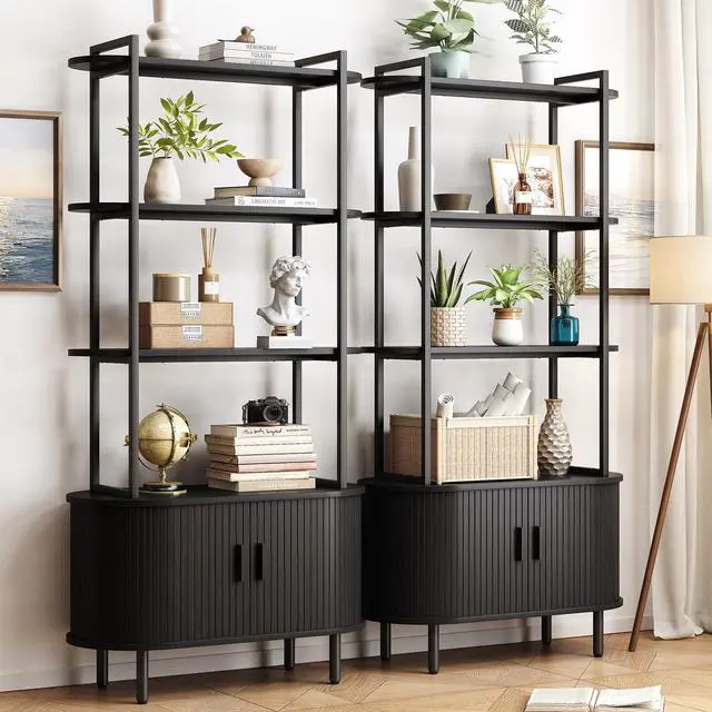 Alt view image 3 of 6 - 71" Tall Bookshelf, 4-Tier Book Shelf with Storage Cabinet, Modern Bookcase with Sliding Door and Adjustable Footpad, Freestanding Storage Organizer Bookshelf for Living Room, Bedroom, Black