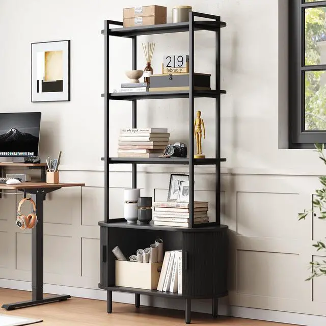 Alt view image 5 of 6 - 71" Tall Bookshelf, 4-Tier Book Shelf with Storage Cabinet, Modern Bookcase with Sliding Door and Adjustable Footpad, Freestanding Storage Organizer Bookshelf for Living Room, Bedroom, Black