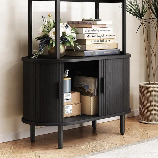 Alt view image 6 of 6 - 71" Tall Bookshelf, 4-Tier Book Shelf with Storage Cabinet, Modern Bookcase with Sliding Door and Adjustable Footpad, Freestanding Storage Organizer Bookshelf for Living Room, Bedroom, Black