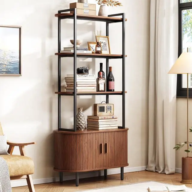 Main image of 71" Tall Bookshelf, 4-Tier Book Shelf with Storage Cabinet, Modern Bookcase with Sliding Door and Adjustable Footpad, Freestanding Storage Organizer Bookshelf for Living Room, Bedroom, Walnut