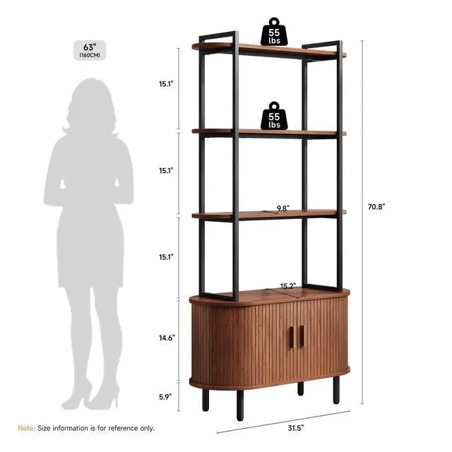 Alt view image 2 of 6 - 71" Tall Bookshelf, 4-Tier Book Shelf with Storage Cabinet, Modern Bookcase with Sliding Door and Adjustable Footpad, Freestanding Storage Organizer Bookshelf for Living Room, Bedroom, Walnut