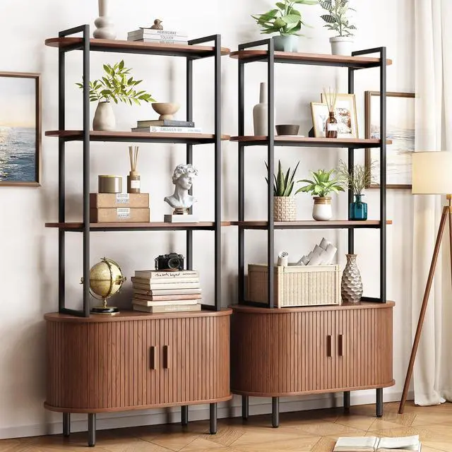 Alt view image 3 of 6 - 71" Tall Bookshelf, 4-Tier Book Shelf with Storage Cabinet, Modern Bookcase with Sliding Door and Adjustable Footpad, Freestanding Storage Organizer Bookshelf for Living Room, Bedroom, Walnut
