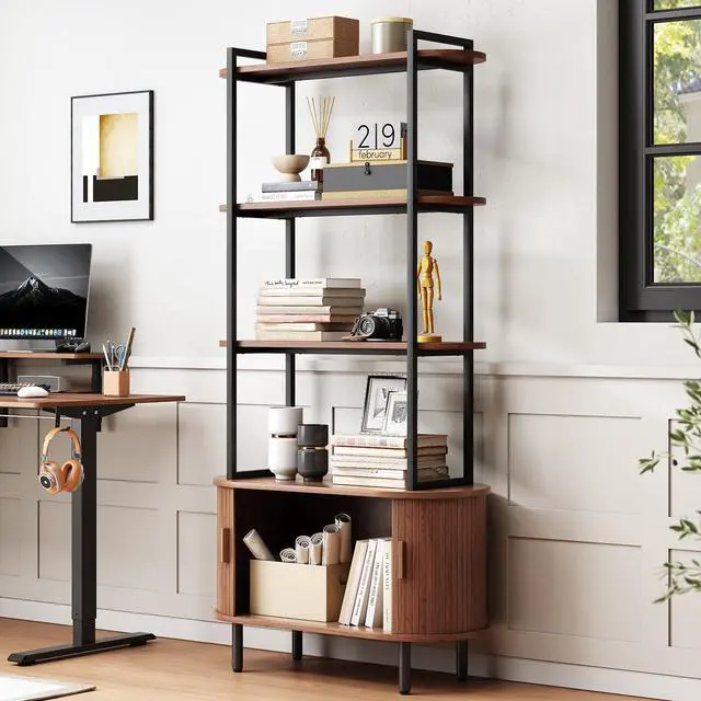 Alt view image 5 of 6 - 71" Tall Bookshelf, 4-Tier Book Shelf with Storage Cabinet, Modern Bookcase with Sliding Door and Adjustable Footpad, Freestanding Storage Organizer Bookshelf for Living Room, Bedroom, Walnut