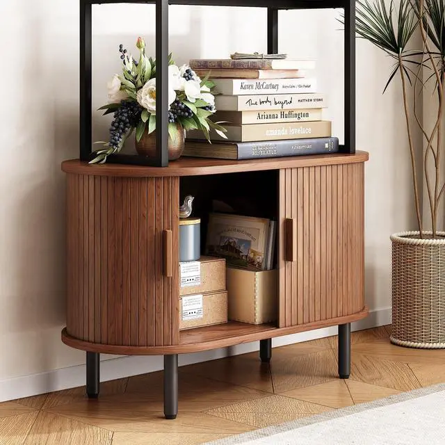 Alt view image 6 of 6 - 71" Tall Bookshelf, 4-Tier Book Shelf with Storage Cabinet, Modern Bookcase with Sliding Door and Adjustable Footpad, Freestanding Storage Organizer Bookshelf for Living Room, Bedroom, Walnut