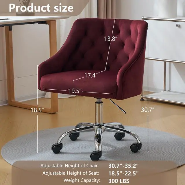 Alt view image 3 of 6 - Home Office Chair, Velvet Swivel Adjustable Accent Vanity Chair with Arms Nailhead Trim for Bedroom, for to Living Room, Studying, Office (Burgundy)