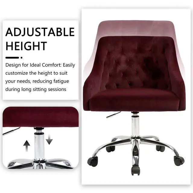 Alt view image 4 of 6 - Home Office Chair, Velvet Swivel Adjustable Accent Vanity Chair with Arms Nailhead Trim for Bedroom, for to Living Room, Studying, Office (Burgundy)