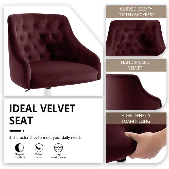 Alt view image 5 of 6 - Home Office Chair, Velvet Swivel Adjustable Accent Vanity Chair with Arms Nailhead Trim for Bedroom, for to Living Room, Studying, Office (Burgundy)
