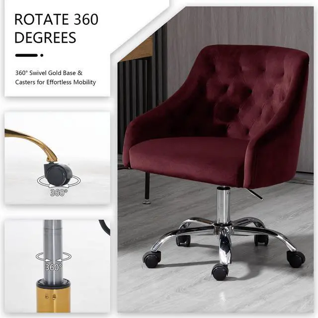 Alt view image 6 of 6 - Home Office Chair, Velvet Swivel Adjustable Accent Vanity Chair with Arms Nailhead Trim for Bedroom, for to Living Room, Studying, Office (Burgundy)