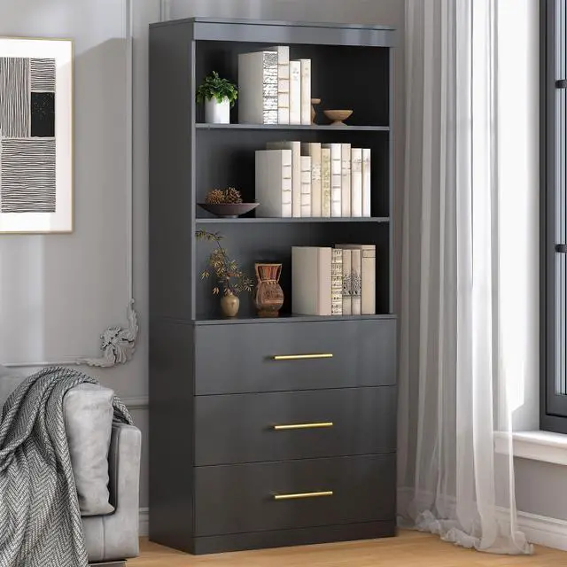 Main image of 71" Tall Black Bookshelf with Drawers, Bookcase and Bookshelf with 3-Tier Open Shelves, Tall Bookcase Tall Storage Cabinet for Home Office Living Room, 13.8" D x 31.5" W x 71" H