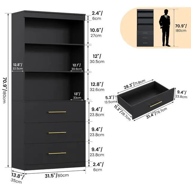 Alt view image 2 of 6 - 71" Tall Black Bookshelf with Drawers, Bookcase and Bookshelf with 3-Tier Open Shelves, Tall Bookcase Tall Storage Cabinet for Home Office Living Room, 13.8" D x 31.5" W x 71" H