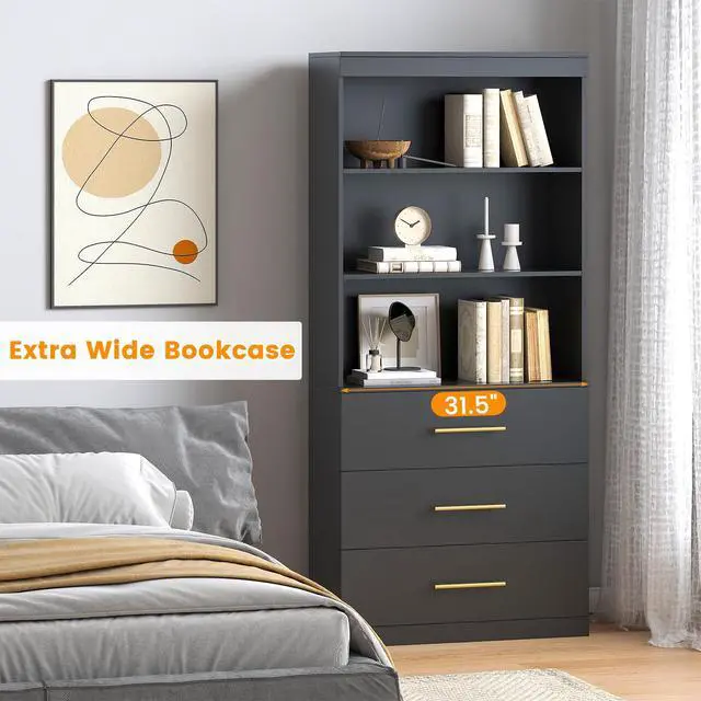 Alt view image 3 of 6 - 71" Tall Black Bookshelf with Drawers, Bookcase and Bookshelf with 3-Tier Open Shelves, Tall Bookcase Tall Storage Cabinet for Home Office Living Room, 13.8" D x 31.5" W x 71" H