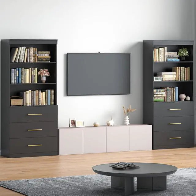 Alt view image 4 of 6 - 71" Tall Black Bookshelf with Drawers, Bookcase and Bookshelf with 3-Tier Open Shelves, Tall Bookcase Tall Storage Cabinet for Home Office Living Room, 13.8" D x 31.5" W x 71" H