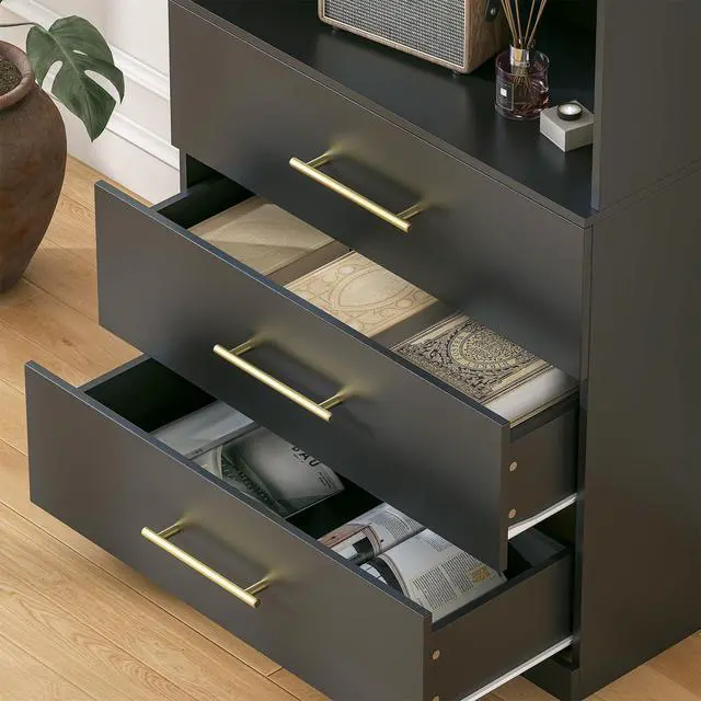 Alt view image 5 of 6 - 71" Tall Black Bookshelf with Drawers, Bookcase and Bookshelf with 3-Tier Open Shelves, Tall Bookcase Tall Storage Cabinet for Home Office Living Room, 13.8" D x 31.5" W x 71" H