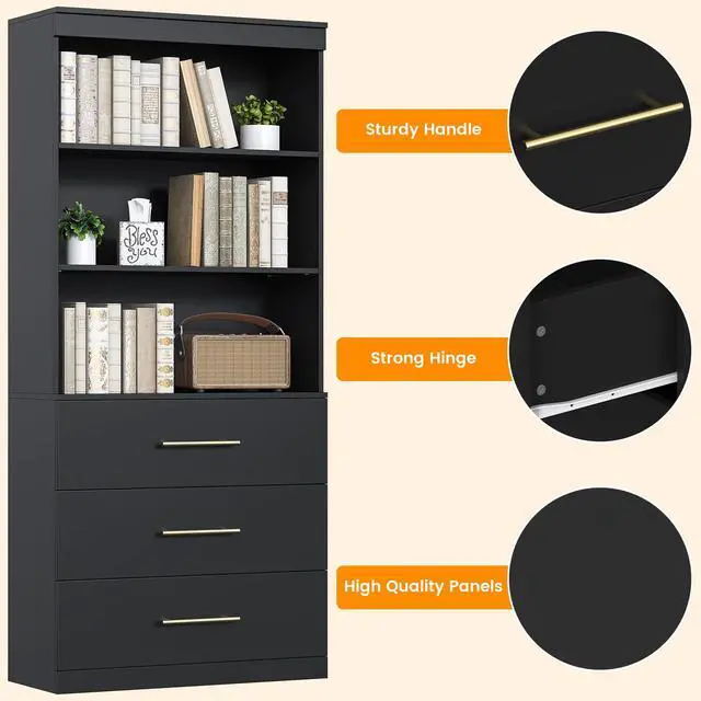 Alt view image 6 of 6 - 71" Tall Black Bookshelf with Drawers, Bookcase and Bookshelf with 3-Tier Open Shelves, Tall Bookcase Tall Storage Cabinet for Home Office Living Room, 13.8" D x 31.5" W x 71" H