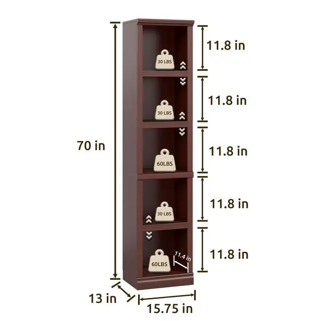 Alt view image 2 of 6 - 70" Tall Bookcase, Mahogany Narrow Floor Standing Bookshelf, 5 Tier Shelves Open Storage Organizer, Book Case for Living Room Hallway Kitchen Home Office Bathroom, Mahogany - 5 Tier