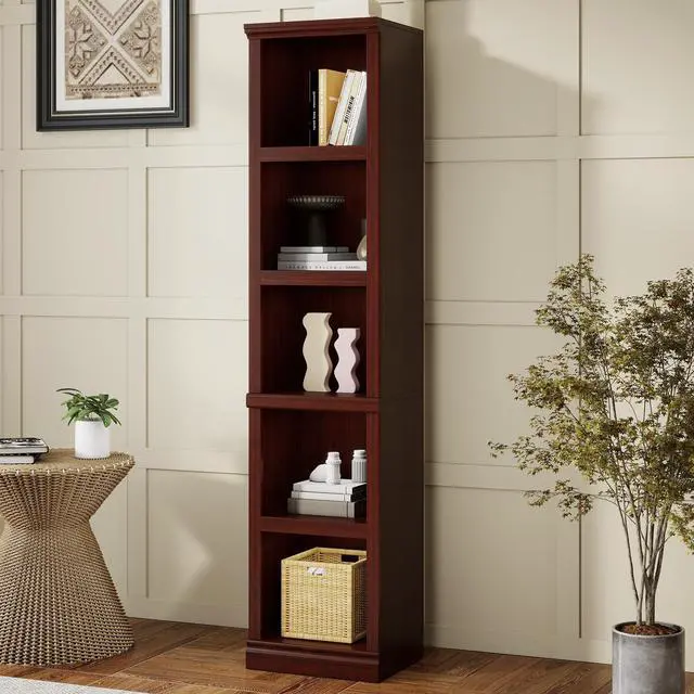 Alt view image 3 of 6 - 70" Tall Bookcase, Mahogany Narrow Floor Standing Bookshelf, 5 Tier Shelves Open Storage Organizer, Book Case for Living Room Hallway Kitchen Home Office Bathroom, Mahogany - 5 Tier