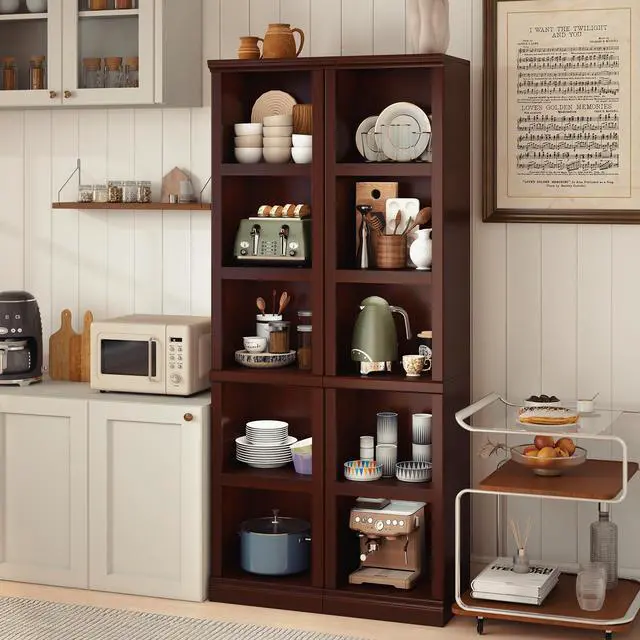 Alt view image 4 of 6 - 70" Tall Bookcase, Mahogany Narrow Floor Standing Bookshelf, 5 Tier Shelves Open Storage Organizer, Book Case for Living Room Hallway Kitchen Home Office Bathroom, Mahogany - 5 Tier