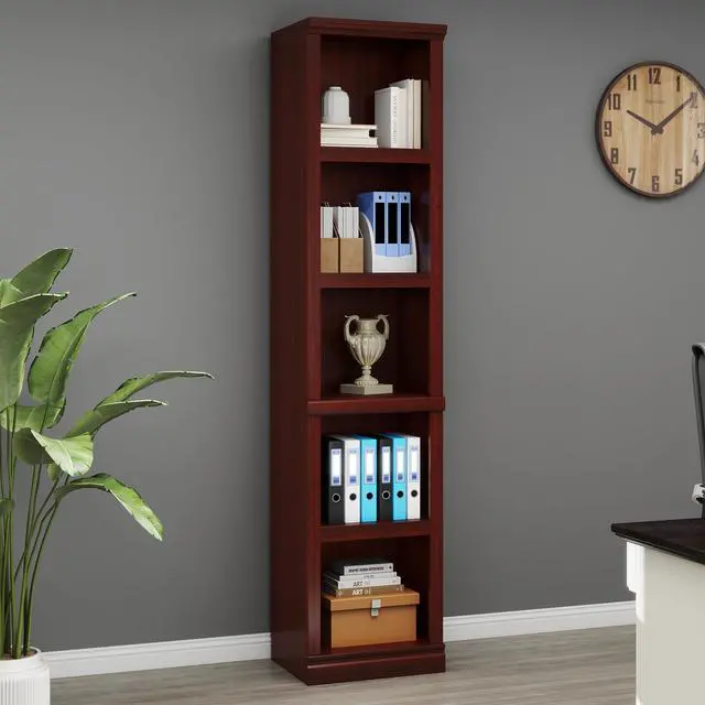 Alt view image 5 of 6 - 70" Tall Bookcase, Mahogany Narrow Floor Standing Bookshelf, 5 Tier Shelves Open Storage Organizer, Book Case for Living Room Hallway Kitchen Home Office Bathroom, Mahogany - 5 Tier