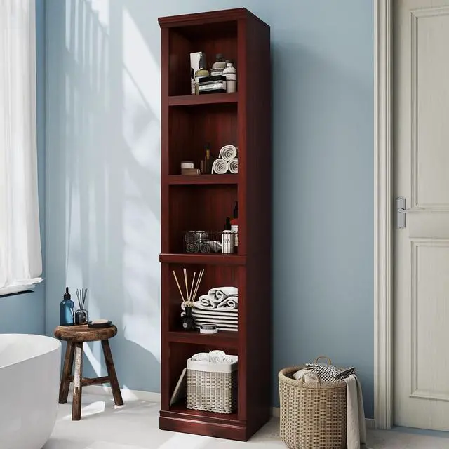 Alt view image 6 of 6 - 70" Tall Bookcase, Mahogany Narrow Floor Standing Bookshelf, 5 Tier Shelves Open Storage Organizer, Book Case for Living Room Hallway Kitchen Home Office Bathroom, Mahogany - 5 Tier