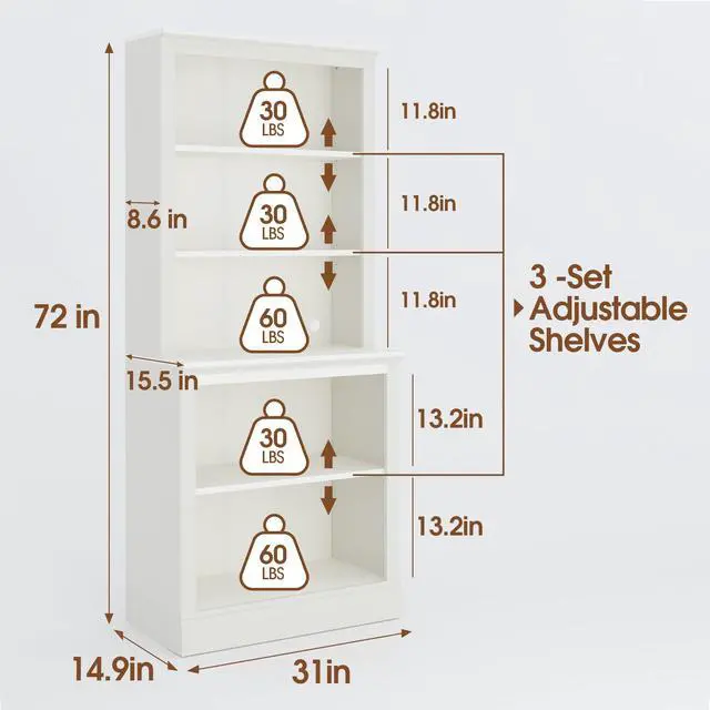 Alt view image 2 of 6 - 72" Tall Bookcase, White Large Floor Standing Bookshelf, 5 Tier Shelves Open Storage Organizer, Book Case for Living Room Hallway Kitchen Home Office Bedroom, White - 5 Tier