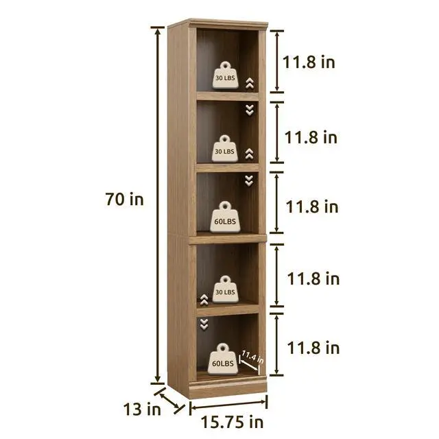 Alt view image 2 of 6 - 70" Tall Bookcase, Oak Narrow Floor Standing Bookshelf, 5 Tier Shelves Open Storage Organizer, Book Case for Living Room Hallway Kitchen Home Office Bathroom, Vintage Oak- 5 Tier