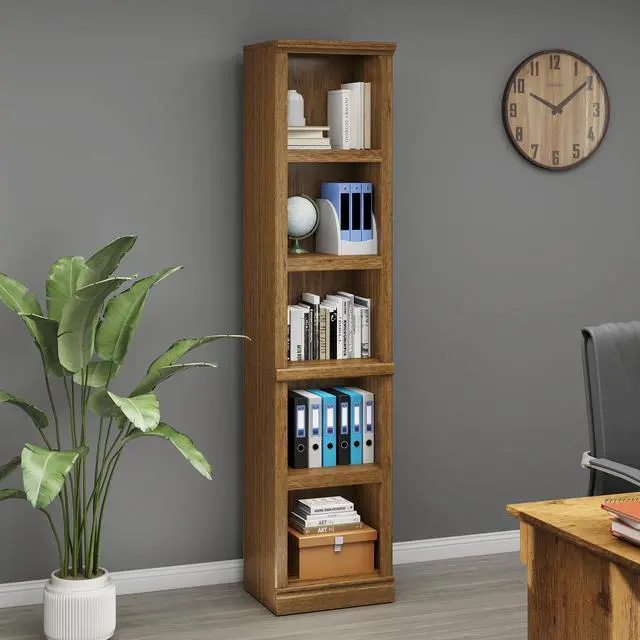 Alt view image 3 of 6 - 70" Tall Bookcase, Oak Narrow Floor Standing Bookshelf, 5 Tier Shelves Open Storage Organizer, Book Case for Living Room Hallway Kitchen Home Office Bathroom, Vintage Oak- 5 Tier