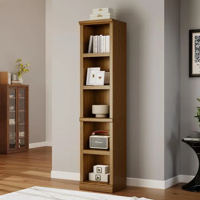 Alt view image 4 of 6 - 70" Tall Bookcase, Oak Narrow Floor Standing Bookshelf, 5 Tier Shelves Open Storage Organizer, Book Case for Living Room Hallway Kitchen Home Office Bathroom, Vintage Oak- 5 Tier