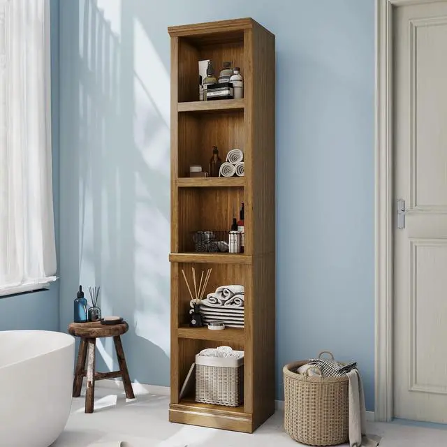 Alt view image 6 of 6 - 70" Tall Bookcase, Oak Narrow Floor Standing Bookshelf, 5 Tier Shelves Open Storage Organizer, Book Case for Living Room Hallway Kitchen Home Office Bathroom, Vintage Oak- 5 Tier
