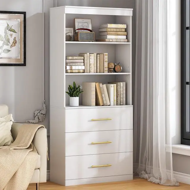 Main image of 71" Tall White Bookshelf with Drawers, Bookcase and Bookshelf with 3-Tier Open Shelves, Tall Bookcase Tall Storage Cabinet for Home Office Living Room, 13.8" D x 31.5" W x 71" H