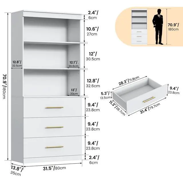 Alt view image 2 of 6 - 71" Tall White Bookshelf with Drawers, Bookcase and Bookshelf with 3-Tier Open Shelves, Tall Bookcase Tall Storage Cabinet for Home Office Living Room, 13.8" D x 31.5" W x 71" H