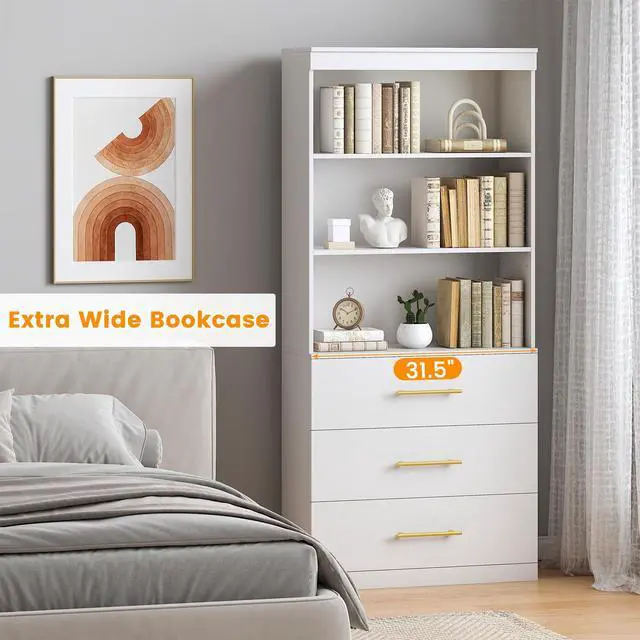 Alt view image 3 of 6 - 71" Tall White Bookshelf with Drawers, Bookcase and Bookshelf with 3-Tier Open Shelves, Tall Bookcase Tall Storage Cabinet for Home Office Living Room, 13.8" D x 31.5" W x 71" H