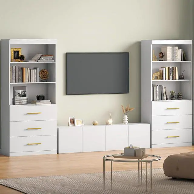 Alt view image 4 of 6 - 71" Tall White Bookshelf with Drawers, Bookcase and Bookshelf with 3-Tier Open Shelves, Tall Bookcase Tall Storage Cabinet for Home Office Living Room, 13.8" D x 31.5" W x 71" H