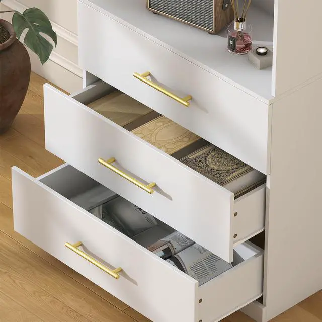 Alt view image 5 of 6 - 71" Tall White Bookshelf with Drawers, Bookcase and Bookshelf with 3-Tier Open Shelves, Tall Bookcase Tall Storage Cabinet for Home Office Living Room, 13.8" D x 31.5" W x 71" H