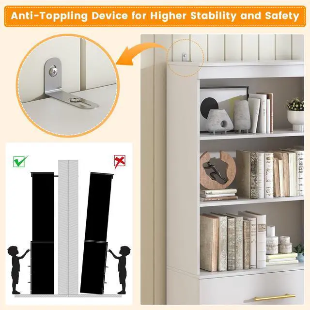 Alt view image 6 of 6 - 71" Tall White Bookshelf with Drawers, Bookcase and Bookshelf with 3-Tier Open Shelves, Tall Bookcase Tall Storage Cabinet for Home Office Living Room, 13.8" D x 31.5" W x 71" H