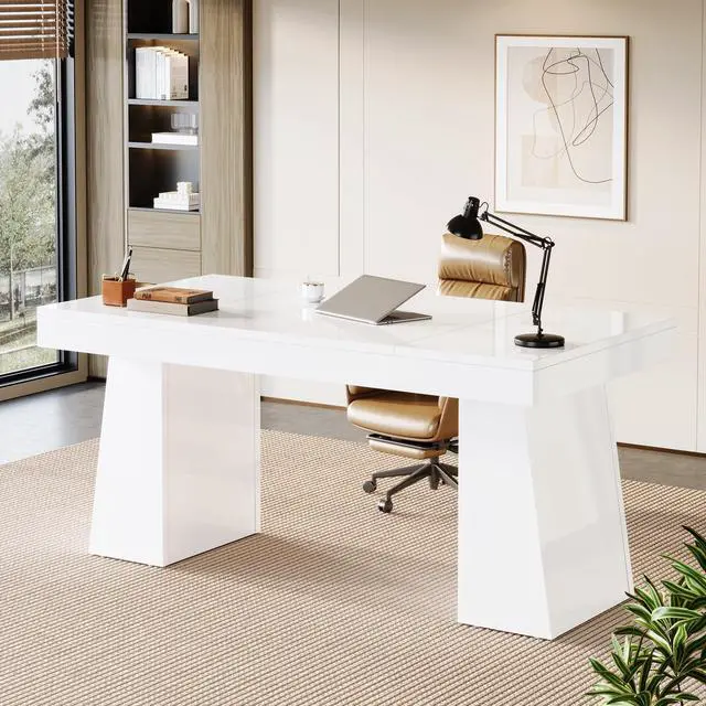 Main image of 55-Inch Executive Desk, Large Wood Office Computer Desk with Double Pedestal, Modern Minimalist Workstations Writing Table Conference Table Furniture for Home Office, White