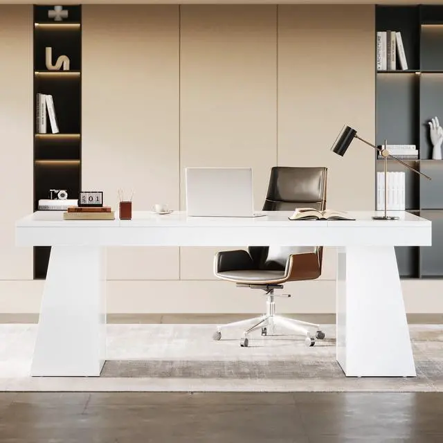 Alt view image 2 of 6 - 55-Inch Executive Desk, Large Wood Office Computer Desk with Double Pedestal, Modern Minimalist Workstations Writing Table Conference Table Furniture for Home Office, White