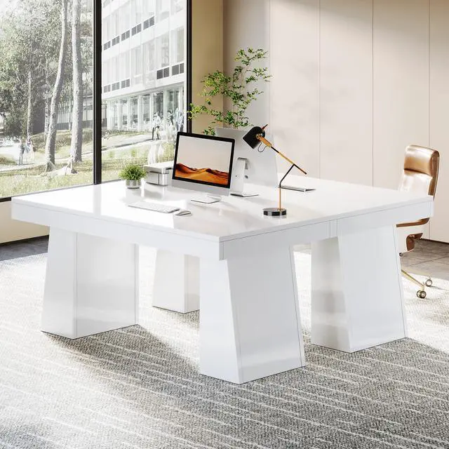Alt view image 3 of 6 - 55-Inch Executive Desk, Large Wood Office Computer Desk with Double Pedestal, Modern Minimalist Workstations Writing Table Conference Table Furniture for Home Office, White