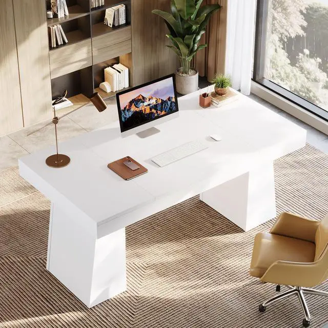 Alt view image 4 of 6 - 55-Inch Executive Desk, Large Wood Office Computer Desk with Double Pedestal, Modern Minimalist Workstations Writing Table Conference Table Furniture for Home Office, White