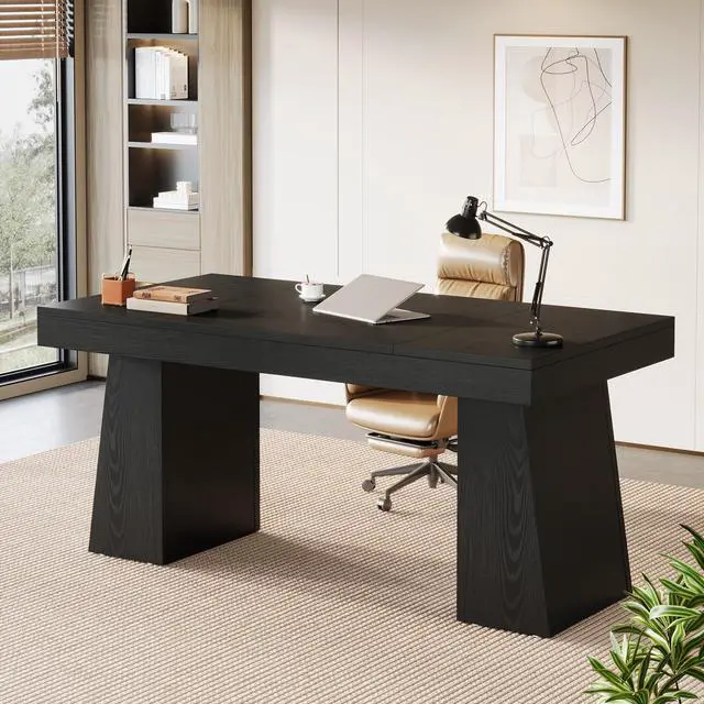 Main image of 55-Inch Executive Desk, Thick Wood Office Computer Desk with Double Pedestal, Modern Minimalist Workstations Writing Table Conference Table Furniture for Home Office, Black