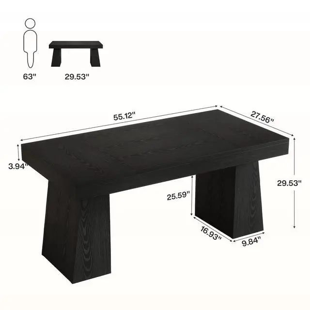 Alt view image 2 of 6 - 55-Inch Executive Desk, Thick Wood Office Computer Desk with Double Pedestal, Modern Minimalist Workstations Writing Table Conference Table Furniture for Home Office, Black