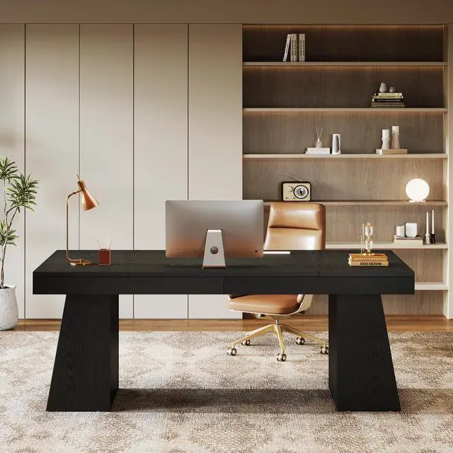 Alt view image 3 of 6 - 55-Inch Executive Desk, Thick Wood Office Computer Desk with Double Pedestal, Modern Minimalist Workstations Writing Table Conference Table Furniture for Home Office, Black