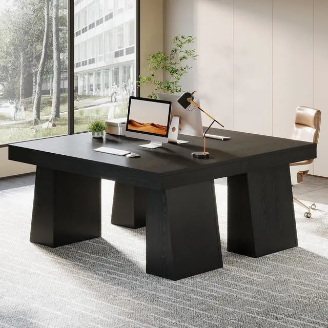 Alt view image 4 of 6 - 55-Inch Executive Desk, Thick Wood Office Computer Desk with Double Pedestal, Modern Minimalist Workstations Writing Table Conference Table Furniture for Home Office, Black