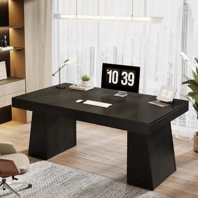 Alt view image 5 of 6 - 55-Inch Executive Desk, Thick Wood Office Computer Desk with Double Pedestal, Modern Minimalist Workstations Writing Table Conference Table Furniture for Home Office, Black
