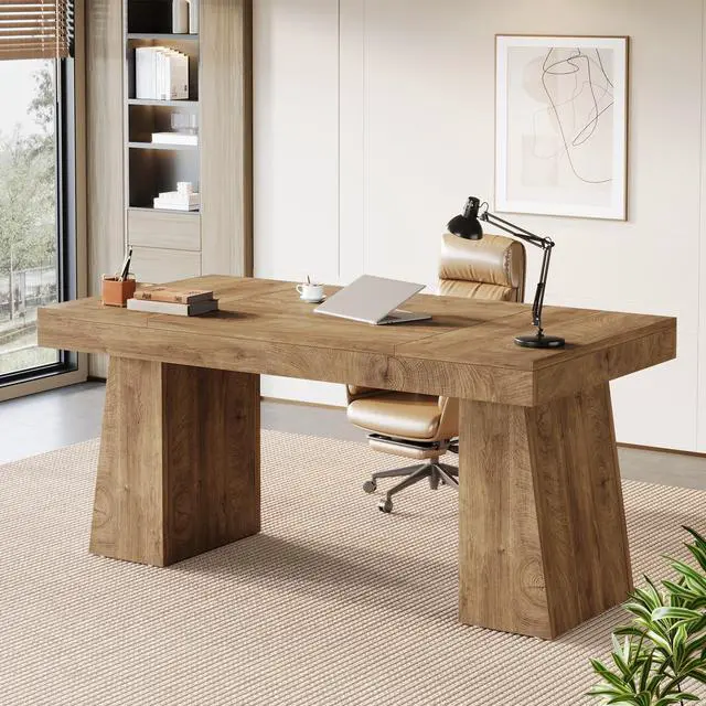 Main image of 55-Inch Executive Desk, Thick Wood Office Computer Desk with Double Pedestal, Modern Minimalist Workstations Writing Table Conference Table Furniture for Home Office, Brown