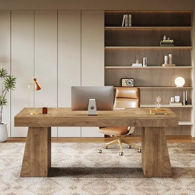 Alt view image 3 of 6 - 55-Inch Executive Desk, Thick Wood Office Computer Desk with Double Pedestal, Modern Minimalist Workstations Writing Table Conference Table Furniture for Home Office, Brown