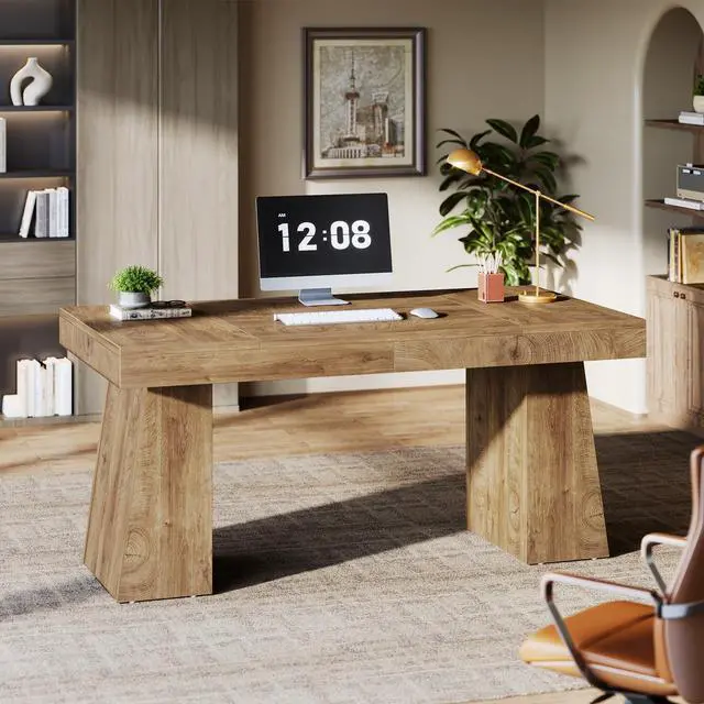 Alt view image 4 of 6 - 55-Inch Executive Desk, Thick Wood Office Computer Desk with Double Pedestal, Modern Minimalist Workstations Writing Table Conference Table Furniture for Home Office, Brown